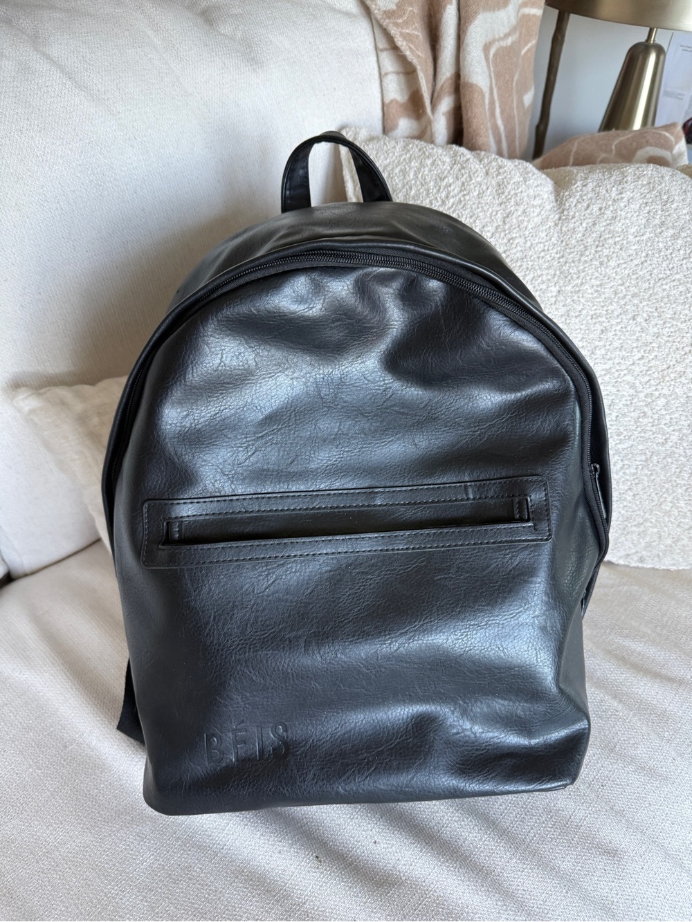 BEIS Black Leather Backpack with Front Slip Pocket